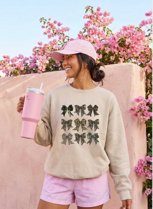 Camo Bow Coquette Crewneck | Graphic Sweatshirt | Cozy Unisex Pullover